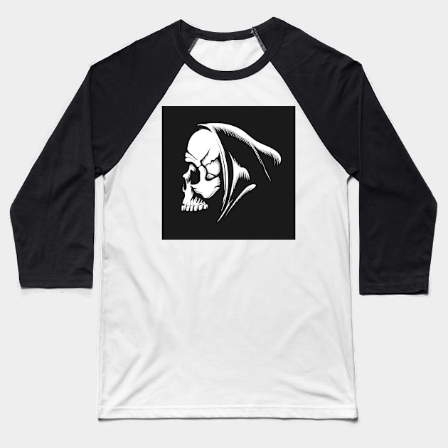 Skull in a Hood Emblem isolated on Black Baseball T-Shirt by devaleta